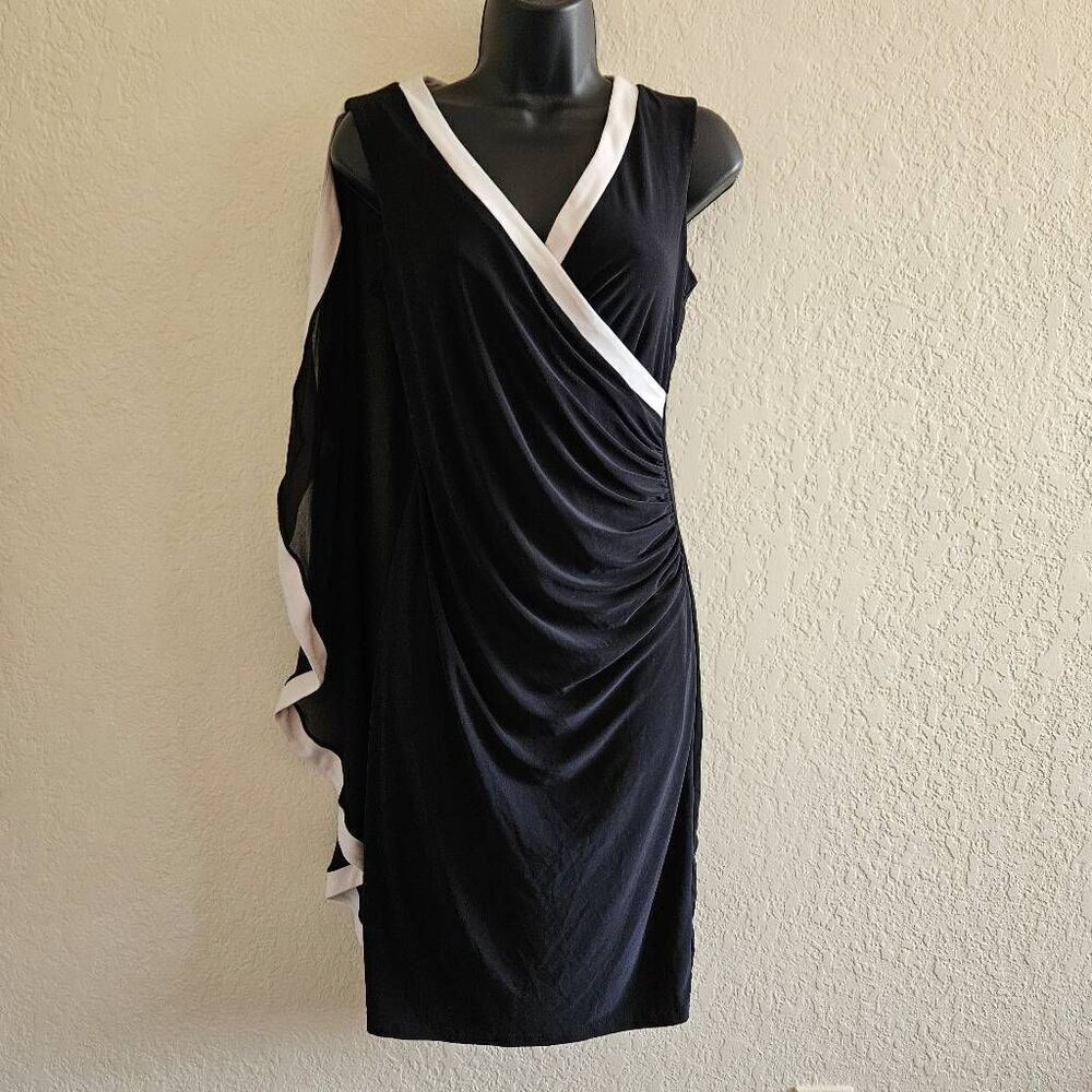 Joseph Ribkoff Black One-Shoulder Draped Dress with White Trim